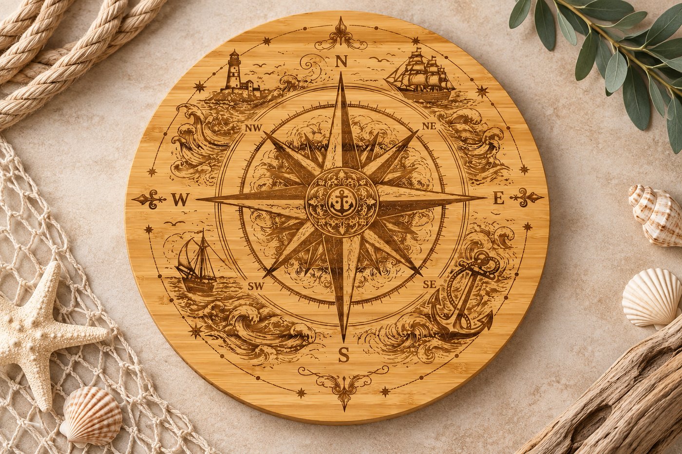 Rond houten draaiplateau, fijn gegraveerd met een kompasroos, vuurtoren, zeilschepen, anker en golven